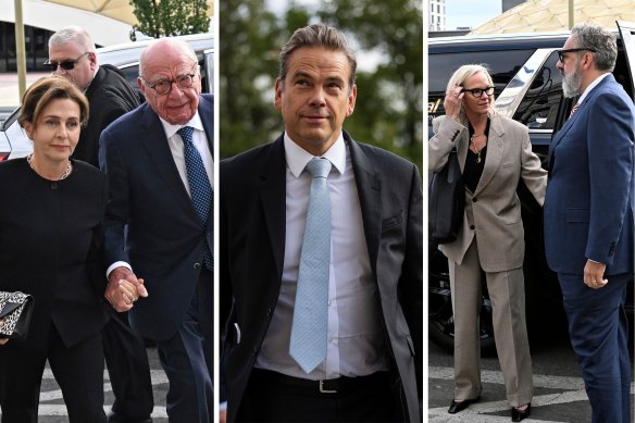 Members of the Murdoch clan at court (from left) Rupert Murdoch and his wife Elena Zhukova, Lachlan Murdoch, and Elisabeth Murdoch with husband Keith Tyson.