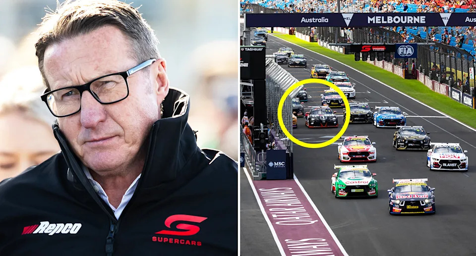 Mark Skaife alongside Supercars drivers in Melbourne.