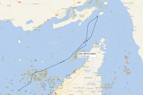 The journey of CSCL Arctic Ocean, as shown on boat tracking website Vessel Finder.