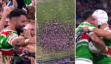 Roosters defeat Rabbitohs, Alex Johnston breaks try-scoring record, video, fans on the field, celebration, score