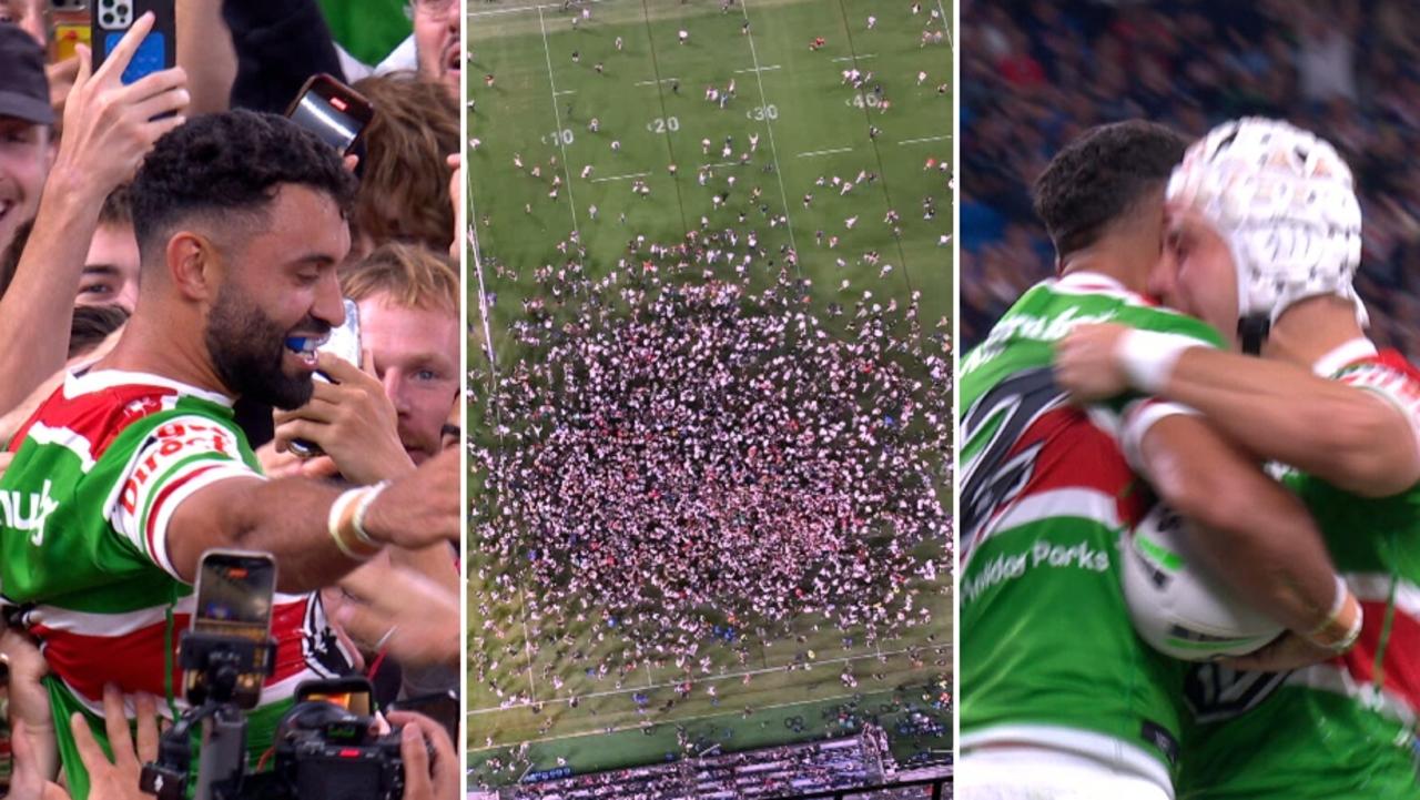 Roosters defeat Rabbitohs, Alex Johnston breaks try-scoring record, video, fans on the field, celebration, score