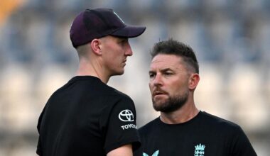 Englandâs captain Harry Brook (L) interacts with team head coach Brendon McCullum during the training session on the eve of their 2026 ICC Men's T20 Cricket World Cup semi-final match against India at the Wankhede Stadium in Mumbai on March 4, 2026. (Photo by Punit PARANJPE / AFP)