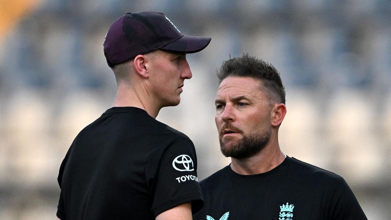 Englandâs captain Harry Brook (L) interacts with team head coach Brendon McCullum during the training session on the eve of their 2026 ICC Men's T20 Cricket World Cup semi-final match against India at the Wankhede Stadium in Mumbai on March 4, 2026. (Photo by Punit PARANJPE / AFP)