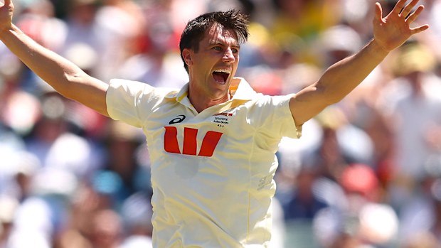 ADELAIDE, AUSTRALIA - DECEMBER 18: Pat Cummins of Australia celebrates the wicket of Zak Crawley of England for 9 runs during day two of the Third Test Match in the 2025-26 Ashes Series between Australia and England at Adelaide Oval on December 18, 2025 in Adelaide, Australia. (Photo by Robert Cianflone/Getty Images)