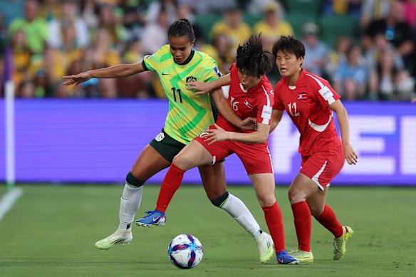 Mary Fowler in action during the Matildas’ 2-1 victory over North Korea in  Friday night’s Asian Cup quarter-final in Perth.