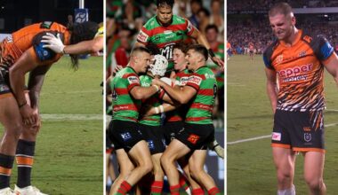 South Sydney Rabbitohs defeat Wests Tigers, Jarome Luai and Adam Doueihi injury updates, Latrell Mitchell swinging arm, eight point try, Jye Gray