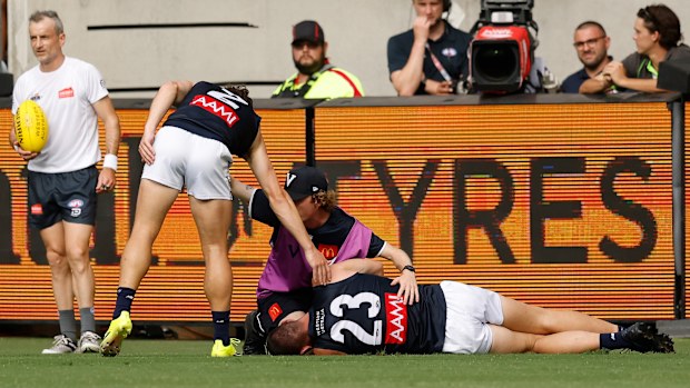 Jacob Weitering of Victoria is seen injured