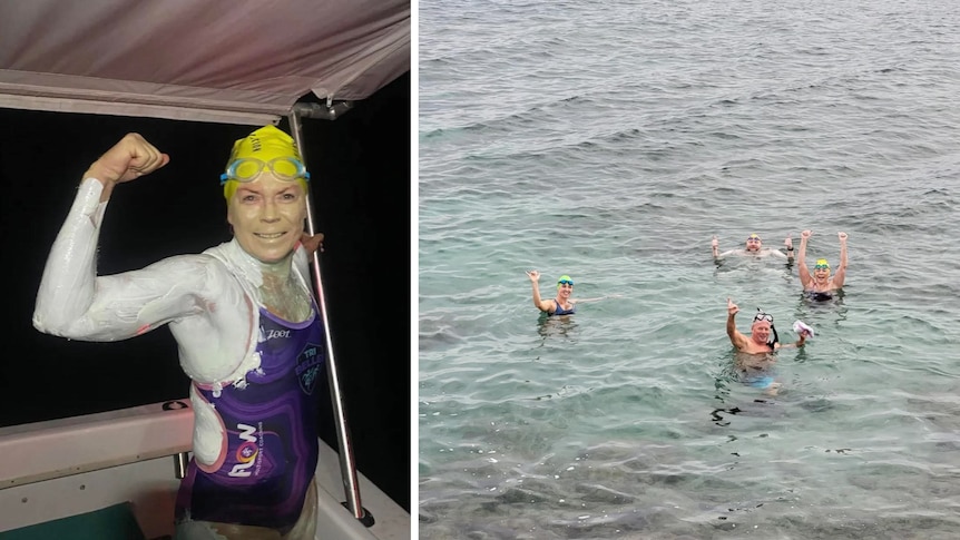 Composite: a woman in full-piece bathers flexes; four swimmers rise there arms from the ocean