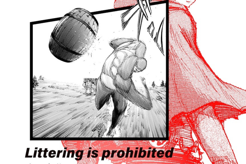 A poster of manga illustrations encouraging tourists not to litter.