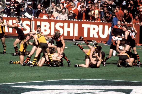 A scene from the famous brawl in the 1985 grand final between Hawthorn and Essendon.