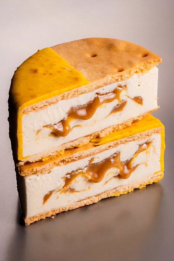 Gelato Messina’s ‘fast and frozen’ ice cream sandwich with vanilla sable, baked cheesecake gelato, burnt honey caramel and chocolate.