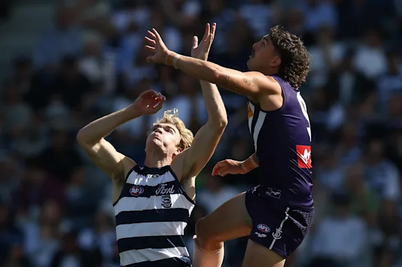 Mitchell Edwards of the Cats and Luke Jackson of the Dockers compete in a ruck contest.