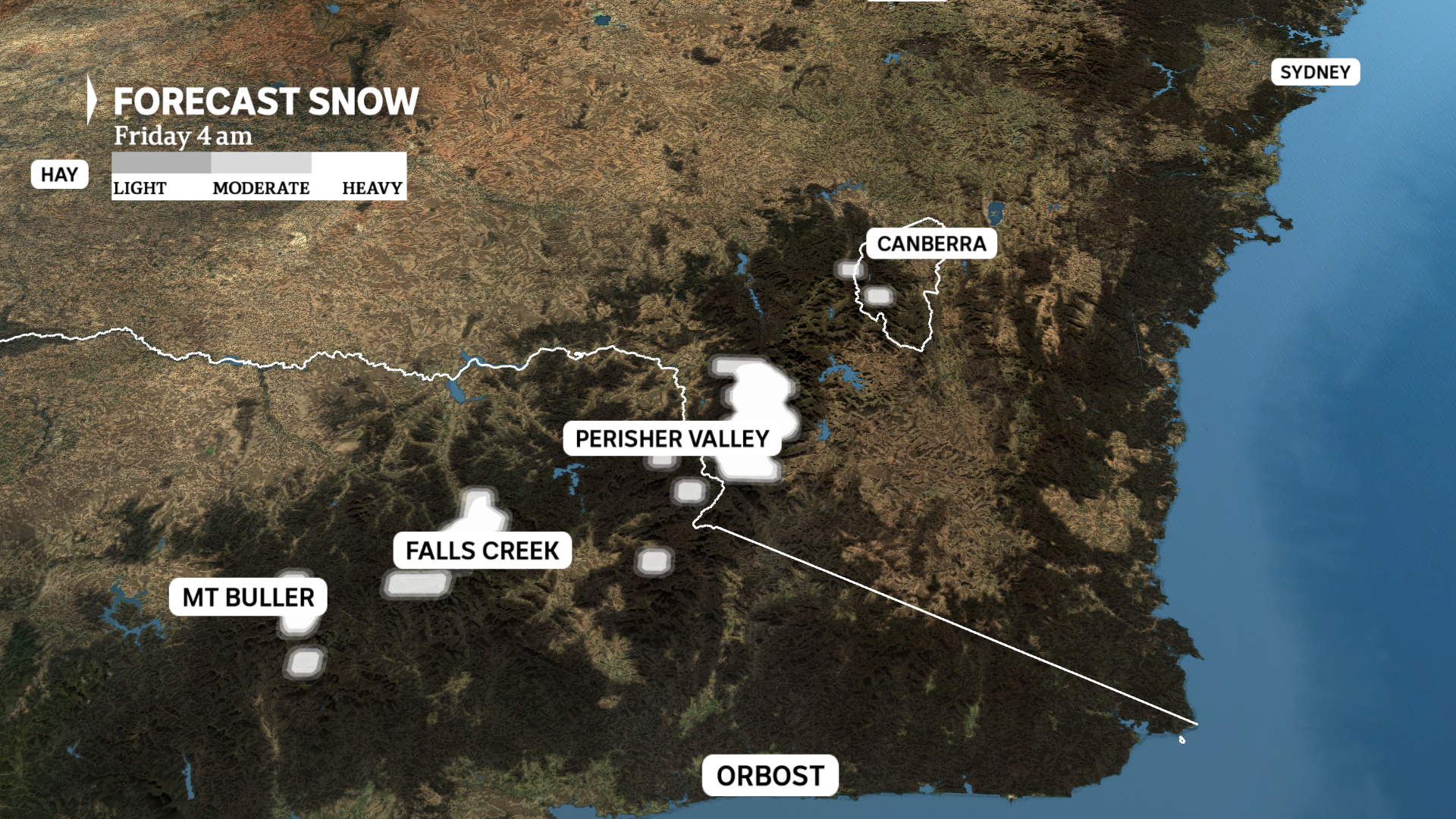 A graphic showing areas of snow at Mt Buller, Halls Creek, Perisher Valley and near Canberra.