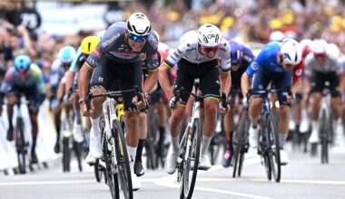 BOULOGNE-SUR-MER - JULY 06: (L-R) Stage winner Mathieu van der Poel of Netherlands and Team Alpecin - Deceuninck and Tadej Pogacar of Slovenia and UAE Team Emirates - XRG sprint at finish line during the 112th Tour de France 2025, Stage 2 a 209.1km stage from Lauwin-Planque to Boulogne-sur-Mer / #UCIWT / on July 06, 2025 in Boulogne-sur-Mer, France. (Photo by Dario Belingheri/Getty Images)