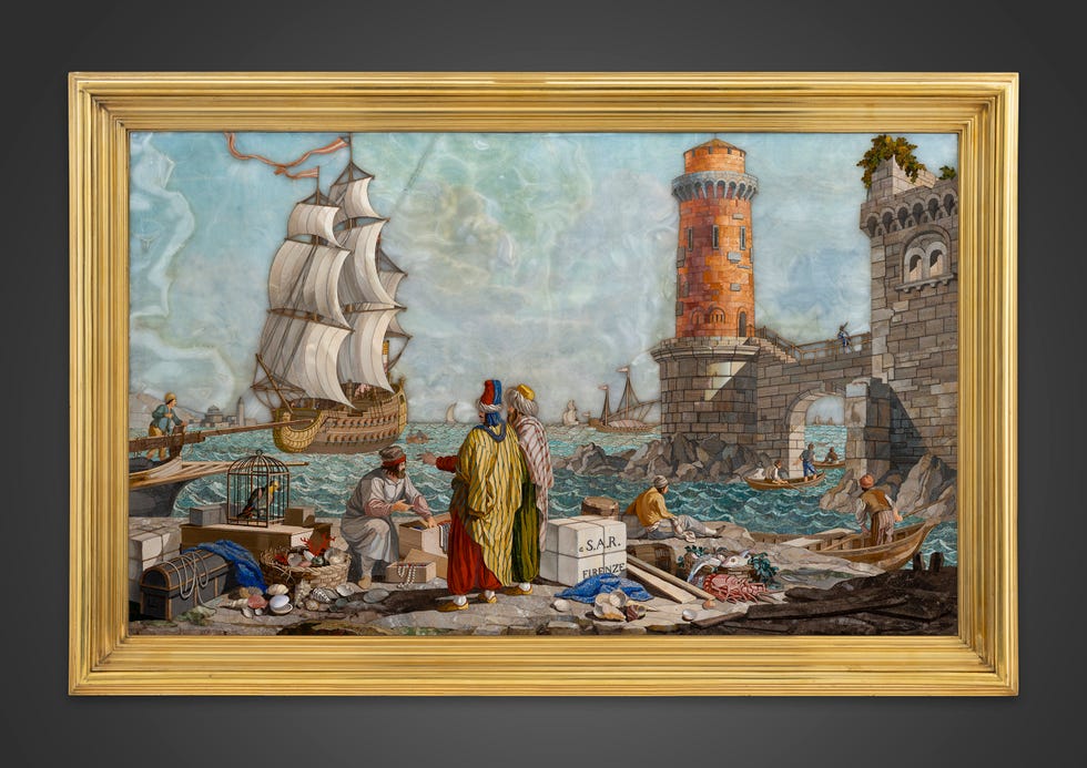 Coastal scene featuring a lighthouse, a ship, and several individuals engaged in various activities.