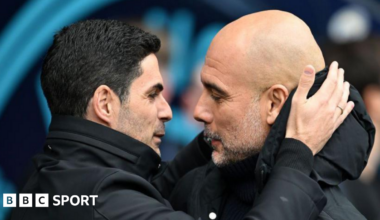 Arsenal manager Mikel Arteta embracing Manchester City boss Pep Guardiola
