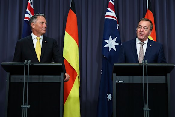 Deputy Prime Minister and Minister for Defence Richard Marles and German Minister of Defence Boris Pistorius during a joint press conference following the Defence Ministers’ meeting at Parliament House this morning.