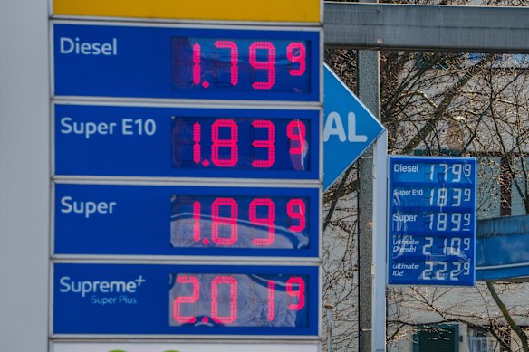 Petrol prices are displayed at a filling station in Frankfurt, Germany, on Monday.
