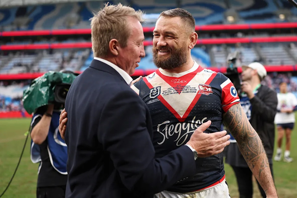 Pictured right, Sydney Roosters record appearance maker Jared Waerea-Hargreaves.