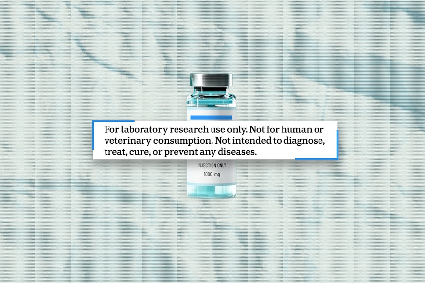 A vial with a text box on top of it reads label: For laboratory research use only. Not for human or veterinary consumption.