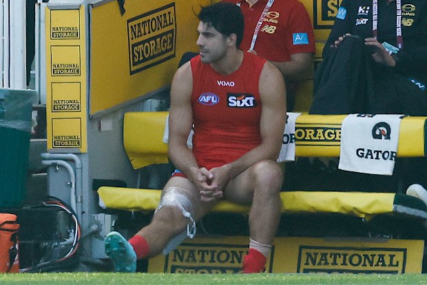 Christian Petracca is seen with ice on his leg.