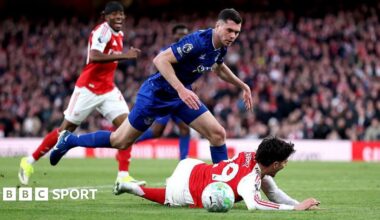 Kai Havertz of Arsenal is challenged by Michael Keane of Everton during the Premier League match at Emirates Stadium