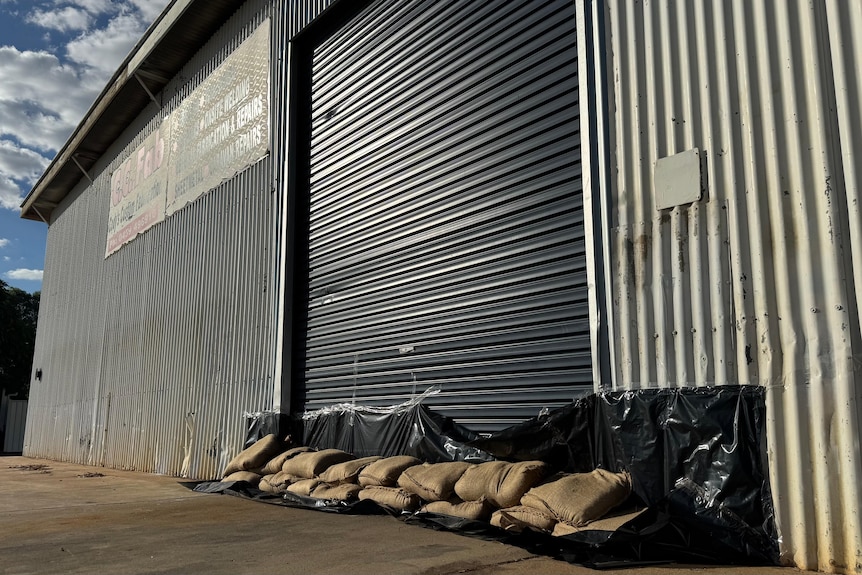 Sandbags placed around a business in Longreach