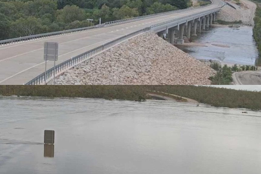Two photos showing flood camera snapshot of a large bridge with water far underneath it, to the bridge being covered.
