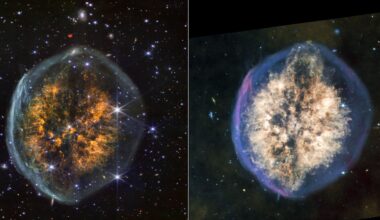 Two side by side images of a circular nebula, showing a cloud of golden gas surrounded by a blue bubble. The image on the left shows more background stars and a transparent bubble. The image on the right shows more of a yellow and green background with a bluer bubble