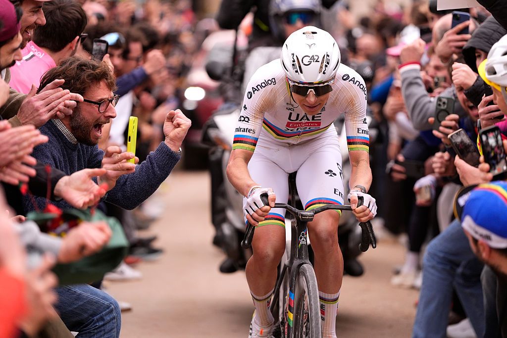 SIENA, ITALY - MARCH 07: Tadej Pogacar of Slovenia and UAE Team Emirates - XRG compete in the breakaway during the 20th Strade Bianche 2026 a 203km one day race from Siena to Siena / #UCIWT / on March 07, 2026 in Siena, Italy. (Photo by Tim de Waele/Getty Images)