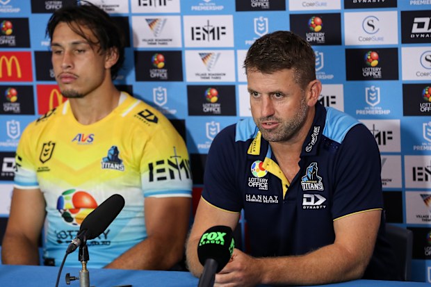 Titans coach Josh Hannay speaking to media after the loss to the Dolphins.