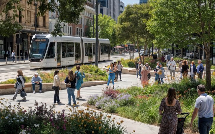 The renewal of Wellington Street as a people-first corridor with mid-tier public transport is one of the five major projects planned. Pictured: collage view.