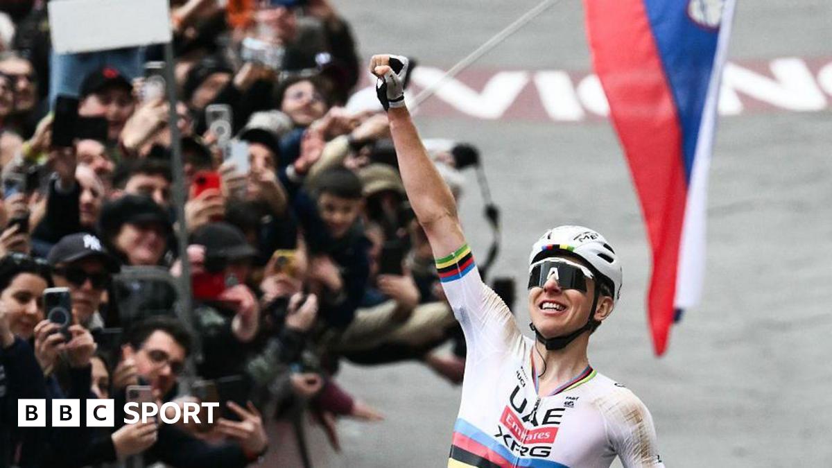 Tadej Pogacar celebrates winning the 2026 Strade Bianche