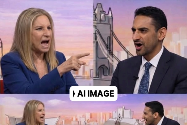 Three box split image with a man and a woman arguing. London is visible in the background