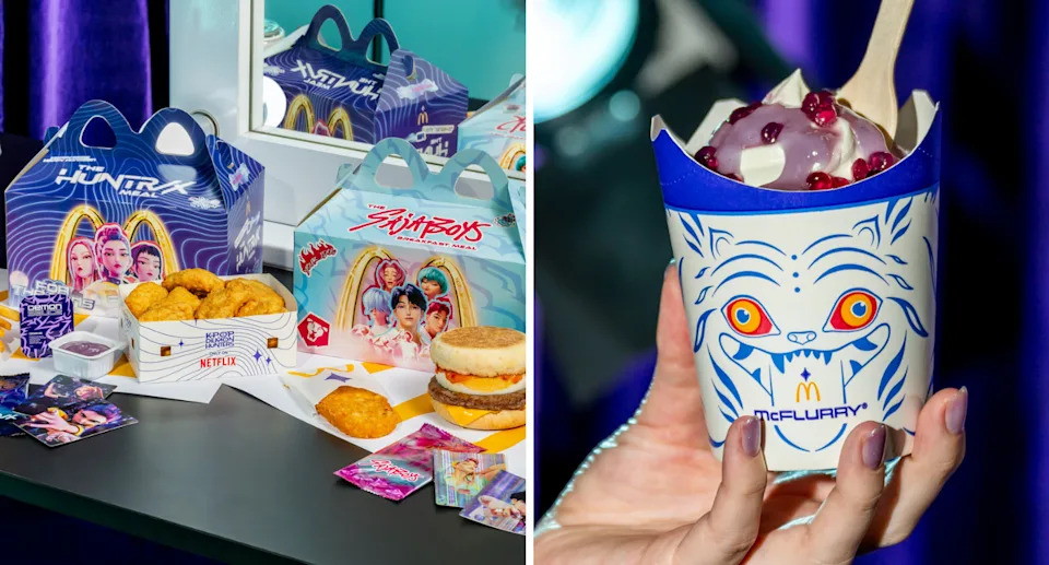 There will be two meals that Macca's customers can get in the KPop Demon Hunters launch as well as a new McFlurry flavour. Source: McDonald's