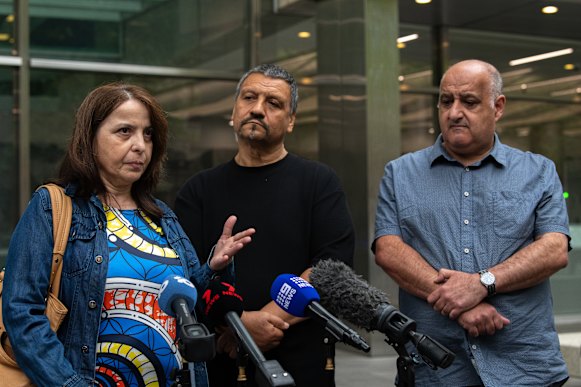 Family members of victims: Maxine Tsihlakis, Spiros Vasilakis and Steve Samaras outside the County Court of Victoria after the fine and conviction were handed down.