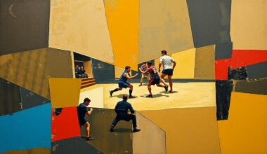 A fragmented, cubist-style painting depicting the dynamic movements and intense physicality of a Sambo match, with sharp geometric shapes and planes in muted earth tones punctuated by flashes of bright color.