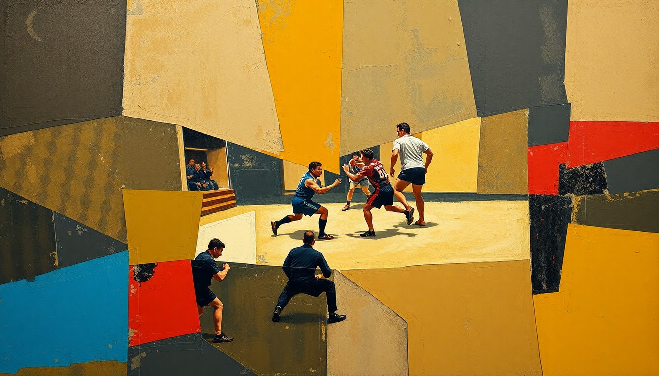 A fragmented, cubist-style painting depicting the dynamic movements and intense physicality of a Sambo match, with sharp geometric shapes and planes in muted earth tones punctuated by flashes of bright color.