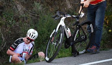VILA-SECA, SPAIN - MARCH 25: Jay Vine of Australia and UAE Team Emirates - XRG reacts after crashing during the 105th Volta a Catalunya 2026, Stage 3 a 159.4km stage from Mont-roig del Camp to Vila-seca / #UCIWT / on March 25, 2026 in Vila-seca, Spain. (Photo by Szymon Gruchalski/Getty Images)