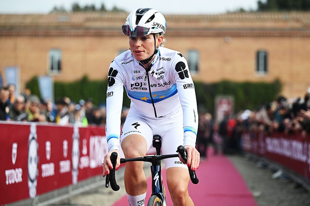 SIENA, ITALY - MARCH 07: Demi Vollering of Netherlands and Team FDJ United - SUEZ prior to the 12th Strade Bianche Donne 2026 a 133km one day race from Siena to Siena / #UCIWWT / on March 07, 2026 in Siena, Italy. (Photo by Luc Claessen/Getty Images)
