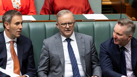 Treasurer Jim Chalmers and Climate Change and Energy Minister Chris Bowen with the prime minister.