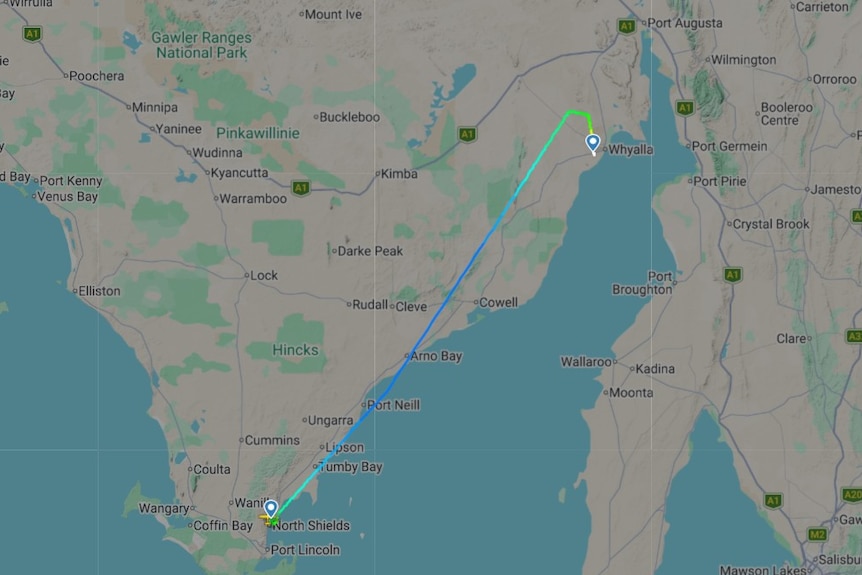 A flight map showing a flight from Port Lincoln to Whyalla