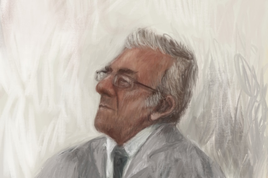 A sketch of a man with grey hair and glasses in a grey jacket, white collared shirt and dark tie.