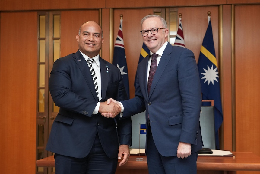 Adeang and Albanese shake hands and smile inside the prime minister's office at parliament house.