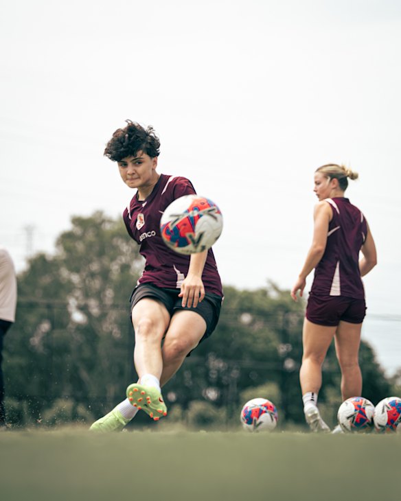 Iranian women’s football player Fatemeh Pasandideh in action training with the Brisbane Roar women’s squad.