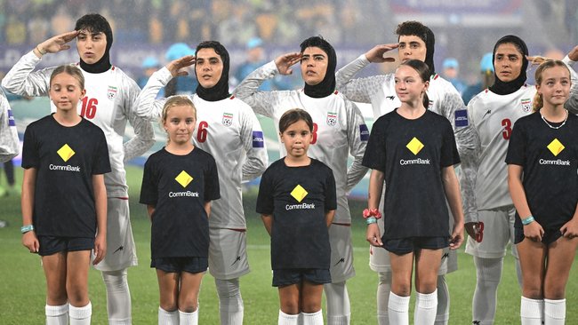 The Iran team before the clash with the Matildas.