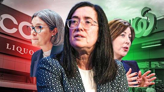 ACCC chair Gina Cass-Gottlieb (centre), has not ruled out further legal action against Coles, headed by Leah Weckert, and Woolies which is run by Amanda Bardwell.