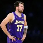 Mar 27, 2026; Los Angeles, California, USA; Los Angeles Lakers guard Luka Doncic (77) during the second half against the Brooklyn Nets at Crypto.com Arena. Mandatory Credit: William Liang-Imagn Images