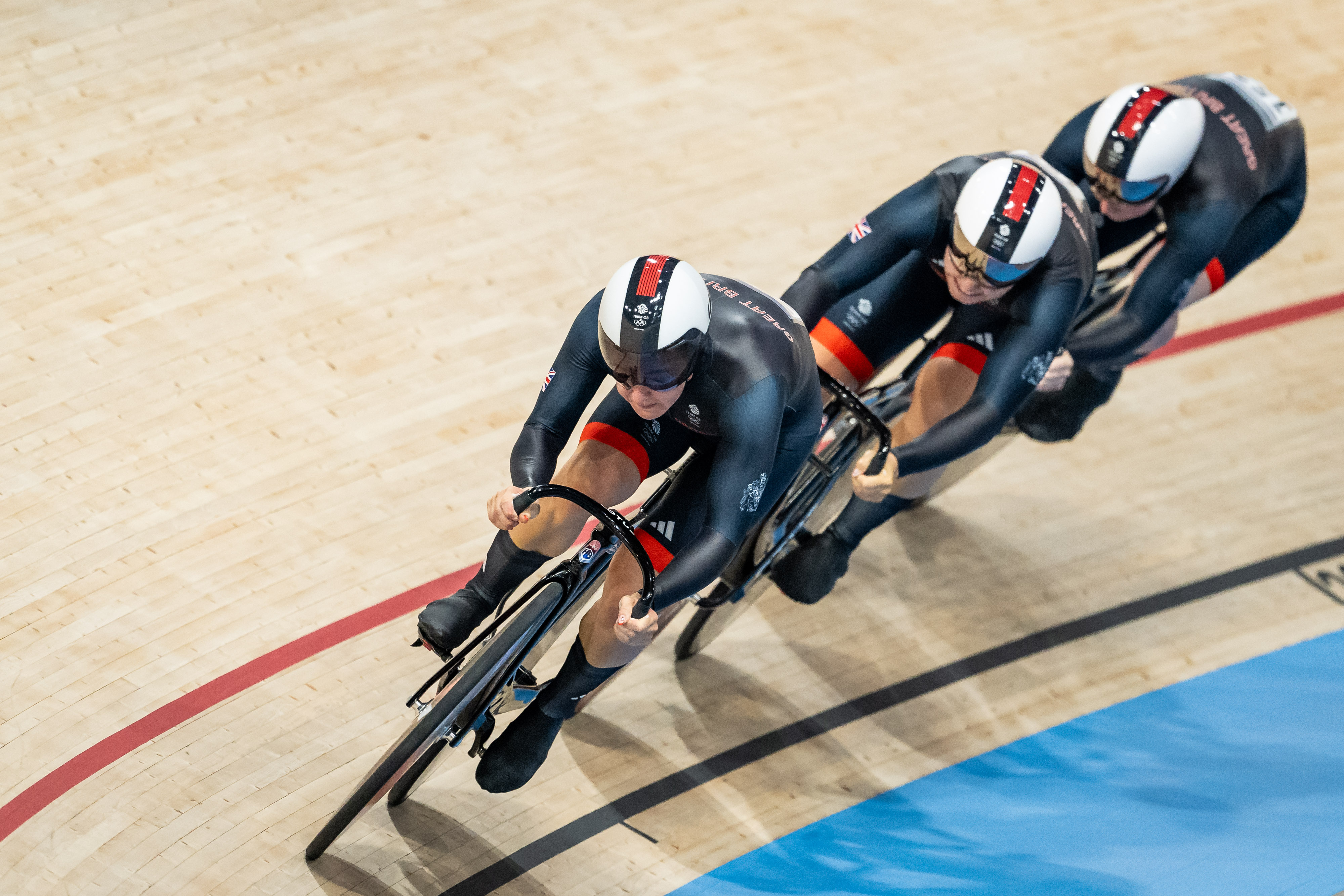 PARIS, FRANCE - AUGUST 5: Katy Marchant, Sophie Capewell and Emma Finucane of Team Great Britain compete in the Women&amp;apos;s Team Sprint First Round on day ten of the Olympic Games Paris 2024 at the Saint-Quentin-en-Yvelines Velodrome on August 5, 2024 in Paris, France. (Photo by Tom Weller/VOIGT/GettyImages)