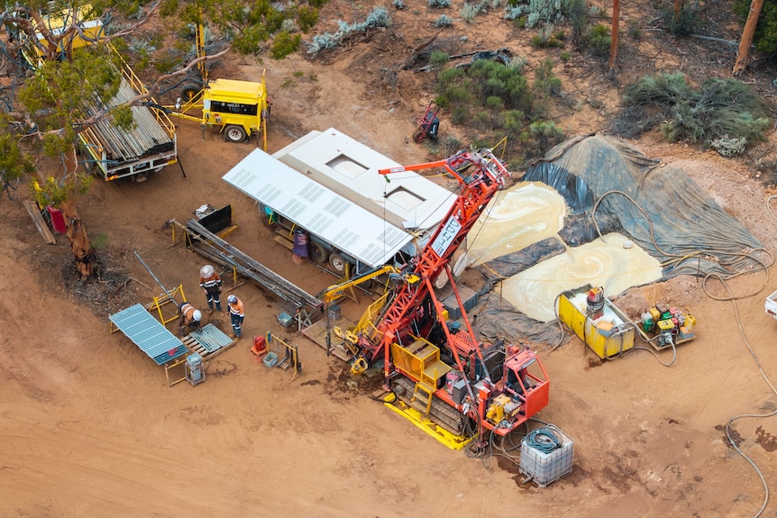 A drone photograph of a drill rig working in the outback.  